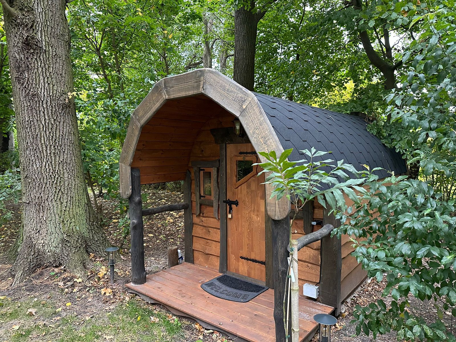 TimberTeam hobbit-style tiny house in a forest setting